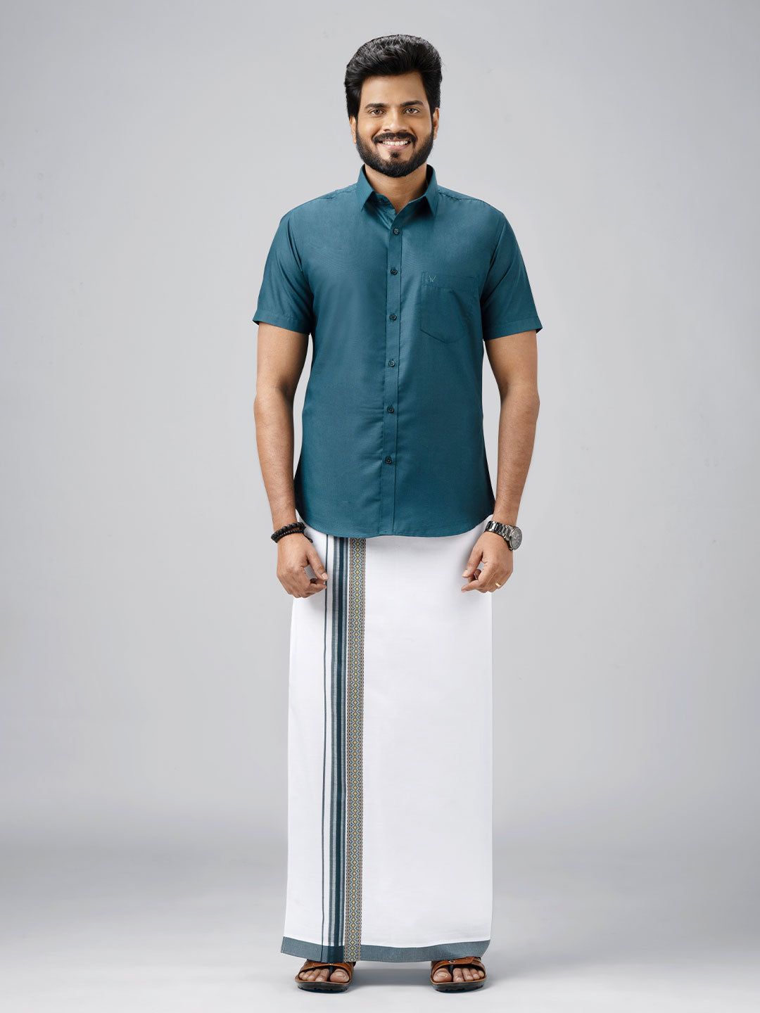 Men's Cotton Dark Green Matching Shirt with Fancy Printed Border Dhoti Combo Luster Trend-36 / H/S