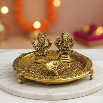 Aluminium Laxmi Ganesh Puja Thali – Decorative Festive Pooja Plate Set, Height : 2.5 Inch (ASMAS506 G)