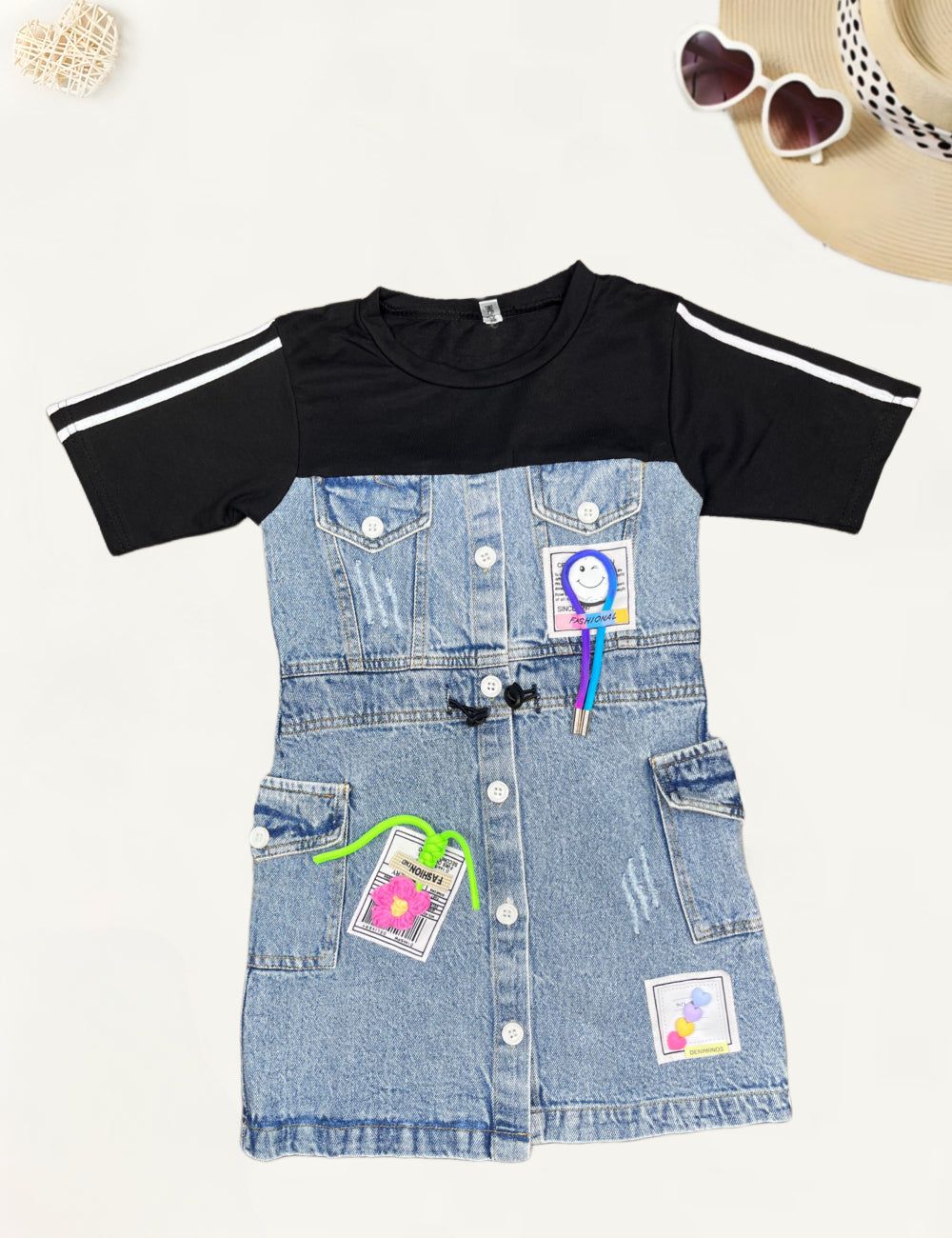 Girls Denim Dress [GD-9978] (4-12 Years)-6-7Y (Size - 28) / Black / Denim