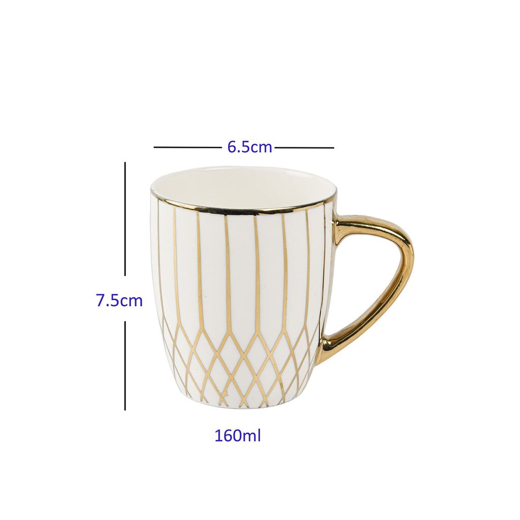 Femora Gloden Branch Pattern Golden Tea Mugs, Ceramic Tea Cups, Coffee Mugs (160 ml, Golden) - 6 Pcs Set