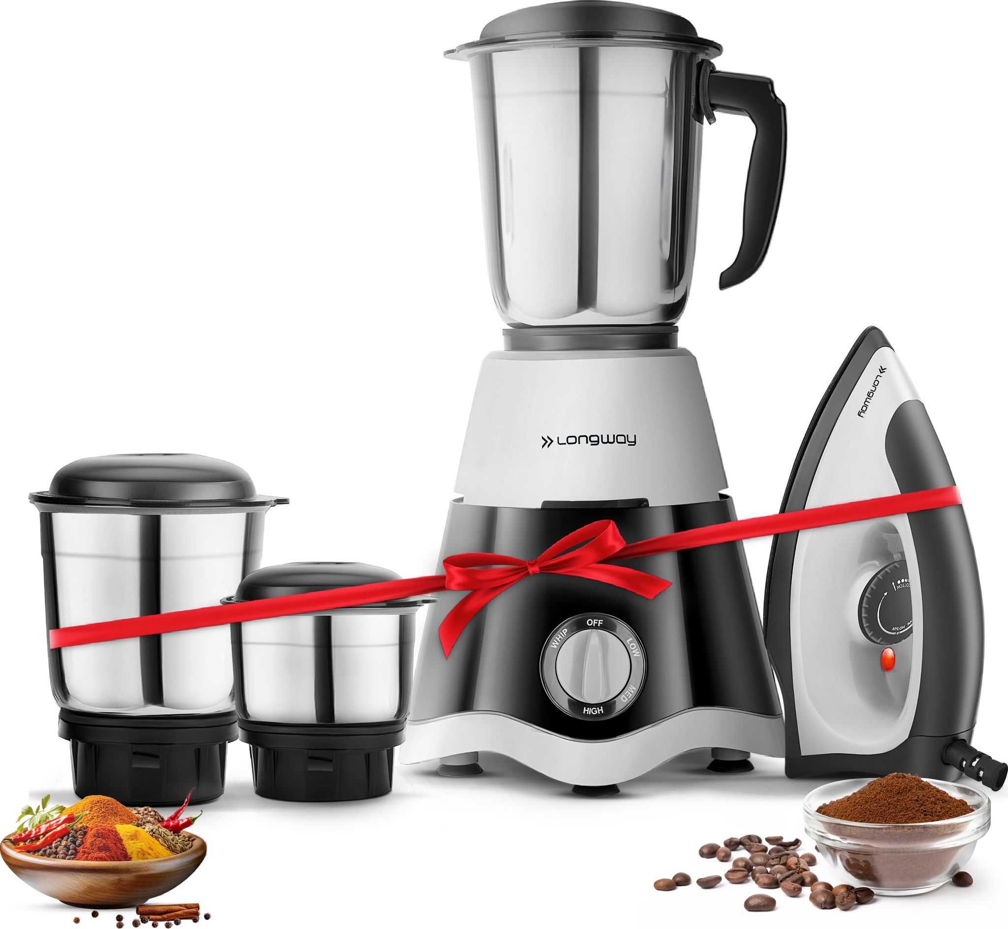 Longway Super Dlx Mixer Grinder with Kwid 1100W Dry Iron | 500 Watt Powerful Motor | 3 Jars for Grinding, Mixing, Juicing | 2 Year Warranty (Black & Gray, Combo Offer) Longway Super Dlx Mixer Grinder with Kwid 1100W Dry Iron | 500 Watt Powerful Motor | 3