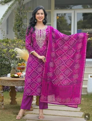 Women's Purple Silk Blend Bandhani Embroidered Straight Kurta Trousers With Dupatta