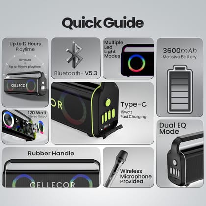 CELLECOR CBS-04 Thunder 120W RMS Bluetooth Speaker with 10 Hours Playtime | TWS Mode | Multiple LED Light Modes | Eco Adjuster | Dual EQ Modes | Multiple Connectivity Wireless Portable (Black Neon)