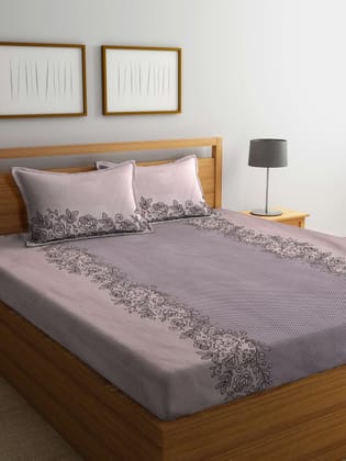 Brown Floral Printed 300 TC Fitted King Bedsheet & 2 Pillow Covers