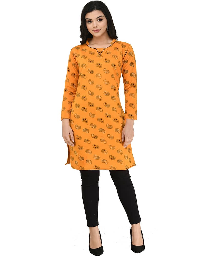 IndiWeaves Woollen Printed Straight Women's Kurti - Yellow ( Pack of 1 )