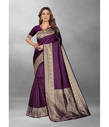 Gazal Fashions Banarasi Silk Self Design Saree With Unstitched Blouse Piece ( Wine )