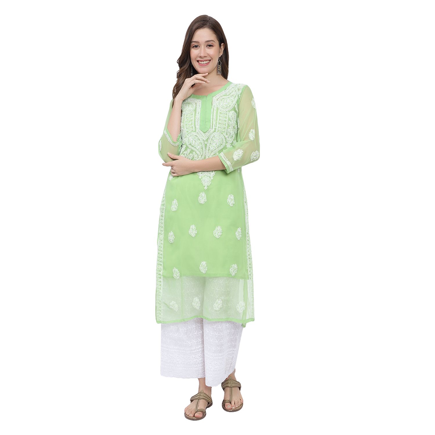 MRS RIGHT CHIKANKARI GREEN GEORGETTE KURTI