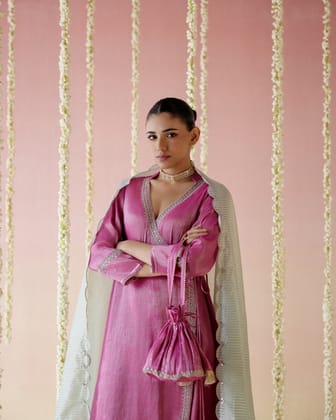 Fuschia Pink Tissue Angarakha with  Narrow Pants & Dupatta - Set of 3-XS / XXS