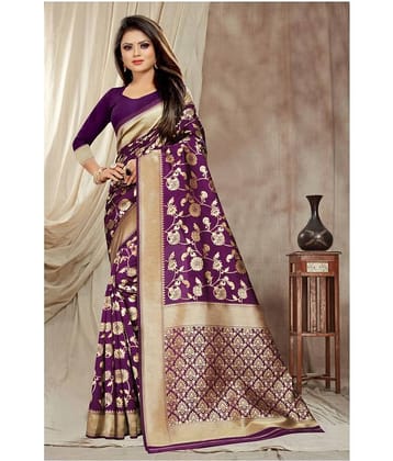 Gazal Fashions Banarasi Silk Printed Saree With Unstitched Blouse Piece ( Purple )