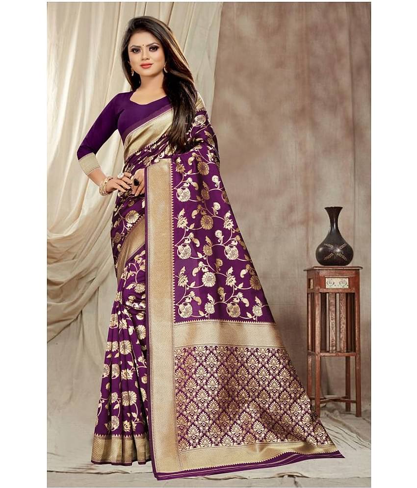 Gazal Fashions Banarasi Silk Printed Saree With Unstitched Blouse Piece ( Purple )