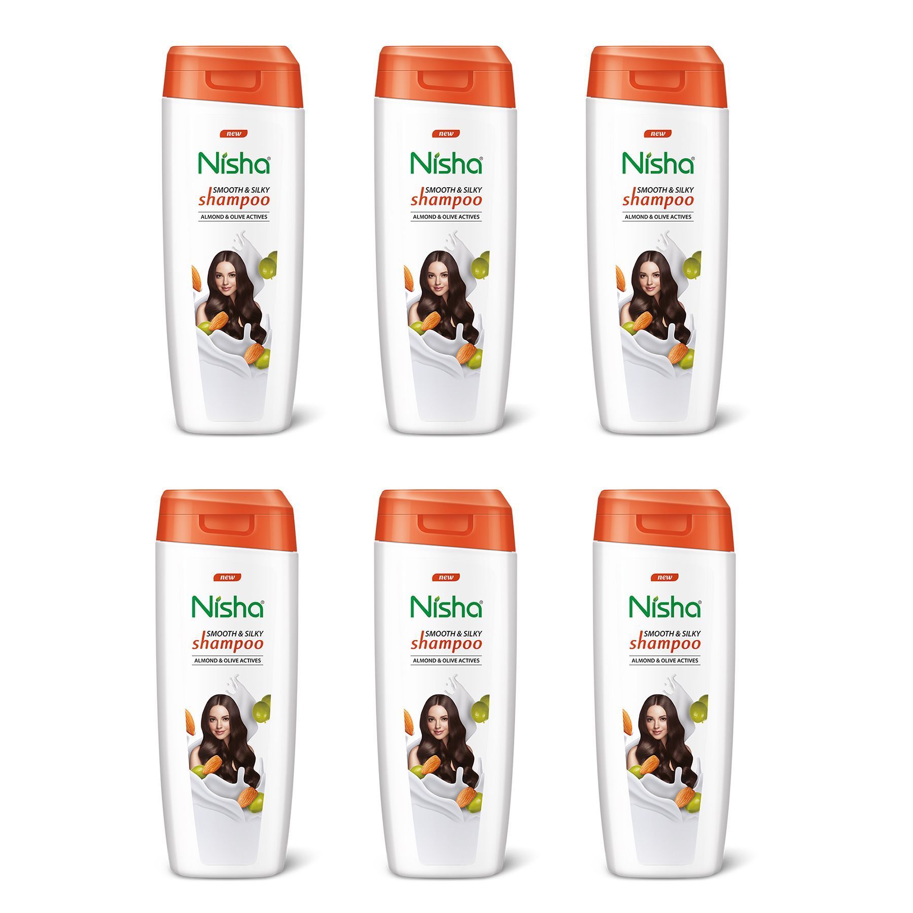 Nisha Smooth & Silky Shampoo for Women Men 180ml Pack of 6, Almond & Olive Actives Shampoo for Naturally Soft Silky Hair