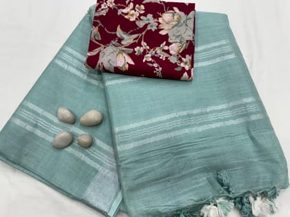 Handloom Cotton Linen Saree With Printed Cotton Blouse