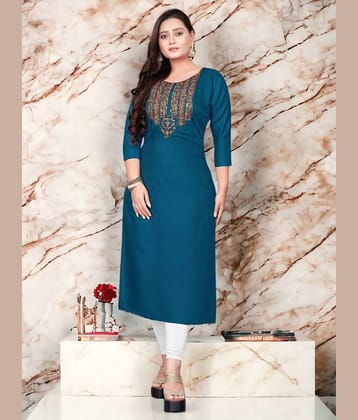 AMTHI Cotton Blend Embroidered Straight Women's Kurti - Teal ( Pack of 1 )