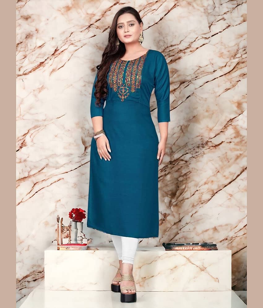 AMTHI Cotton Blend Embroidered Straight Women's Kurti - Teal ( Pack of 1 )