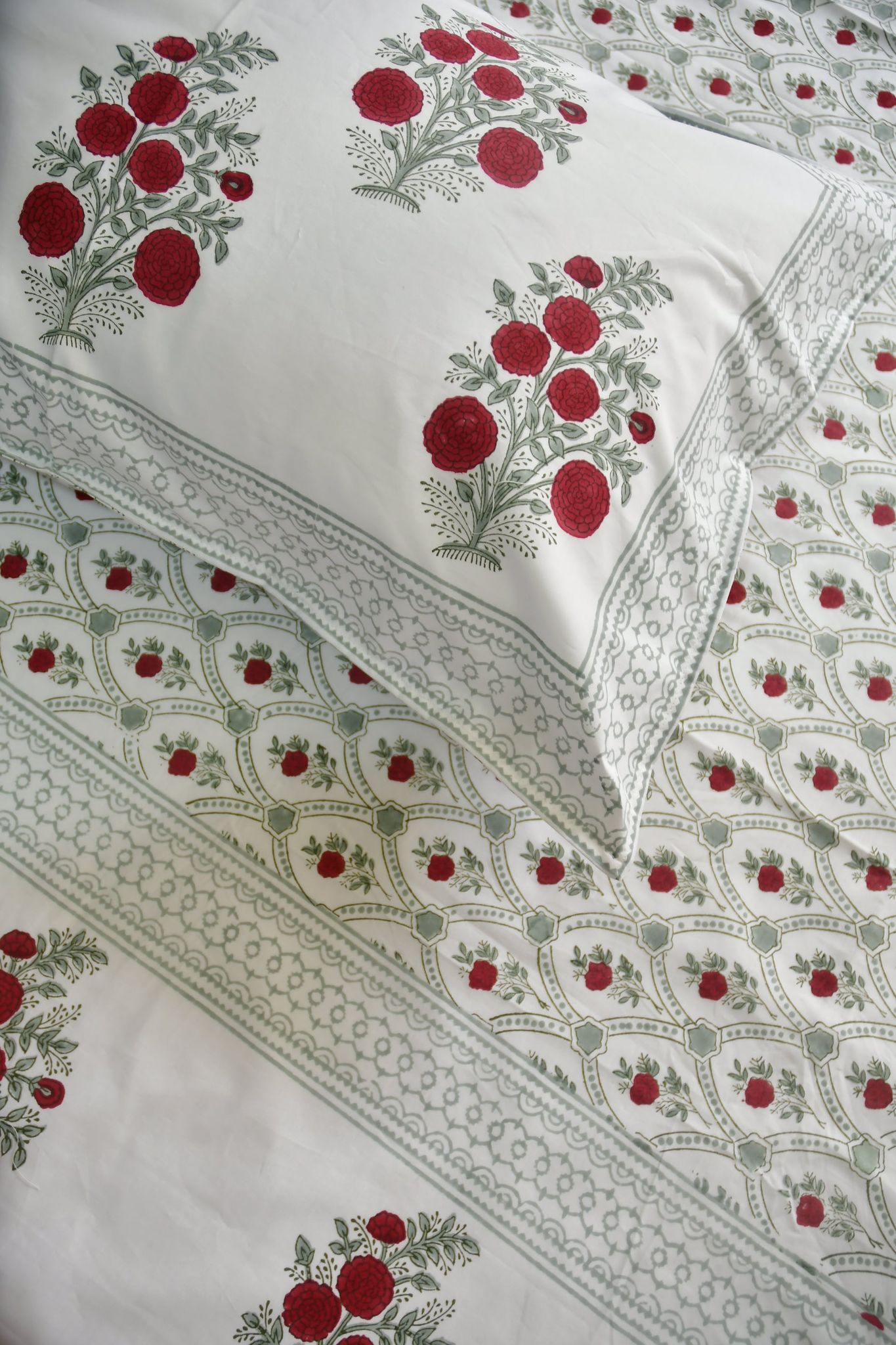 Red Flower Jaal Buta Premium Hand Block Bedsheet King 90x108 inches