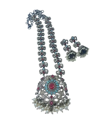 Traditional Oxidized Brass Necklace Set with Red and Blue Stones