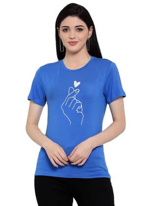 Women's Cotton Blend Hand Heart Line Art Printed T Shirt M (Blue)