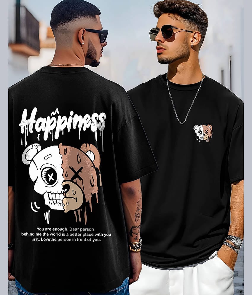 ENITOR Men Cotton Blend Oversized Fit Printed T-Shirt ( Black )