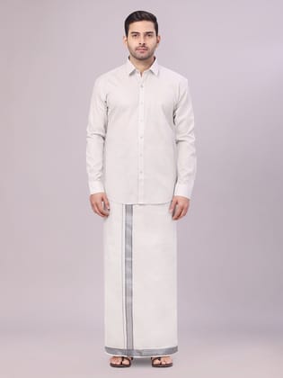 Mens Tissue Grey Shirt with Jacquard Fancy Border Flexi Dhoti Wedding Combo Nios-36 / F/S / Grey