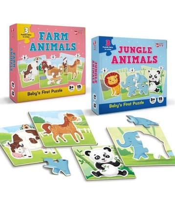 Little Berry Baby’s First Jigsaw Puzzle Set of 2 for Kids: Jungle Animals and Farm Animals - 15 Puzzle Pieces Each