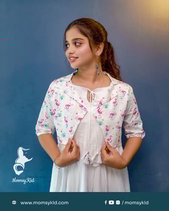 White Dobby Rayon Midi Length Dress with Flamingo Overcoat - Sleeveless