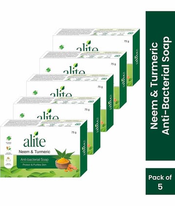 Alite Neem & Turmeric Anti-Bacterial Soap for Acne and Clear, Healthy Skin 75g ( Pack of 5 )