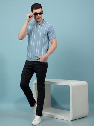 Blue Vertical Stripes Polo-Neck T-Shirt-M / Blue