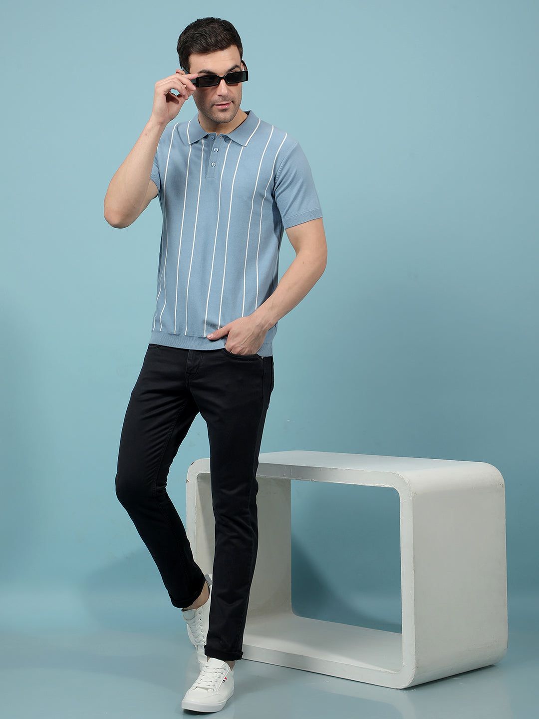 Blue Vertical Stripes Polo-Neck T-Shirt-M / Blue