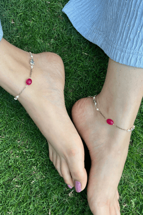 SILVER ELEPHANT RED ONYX ANKLETS (PAIR)-PAIR