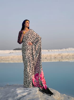 Off White Soft Silk Digital Printed Designer Saree