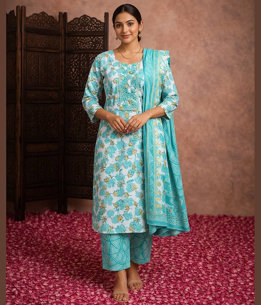 Aarika Women Cotton Printed Straight Kurti With Pants ( Green )