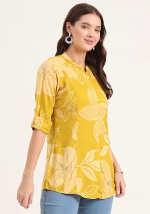 Mustard Rayon Rollup Sleeves A-Line Top-XS