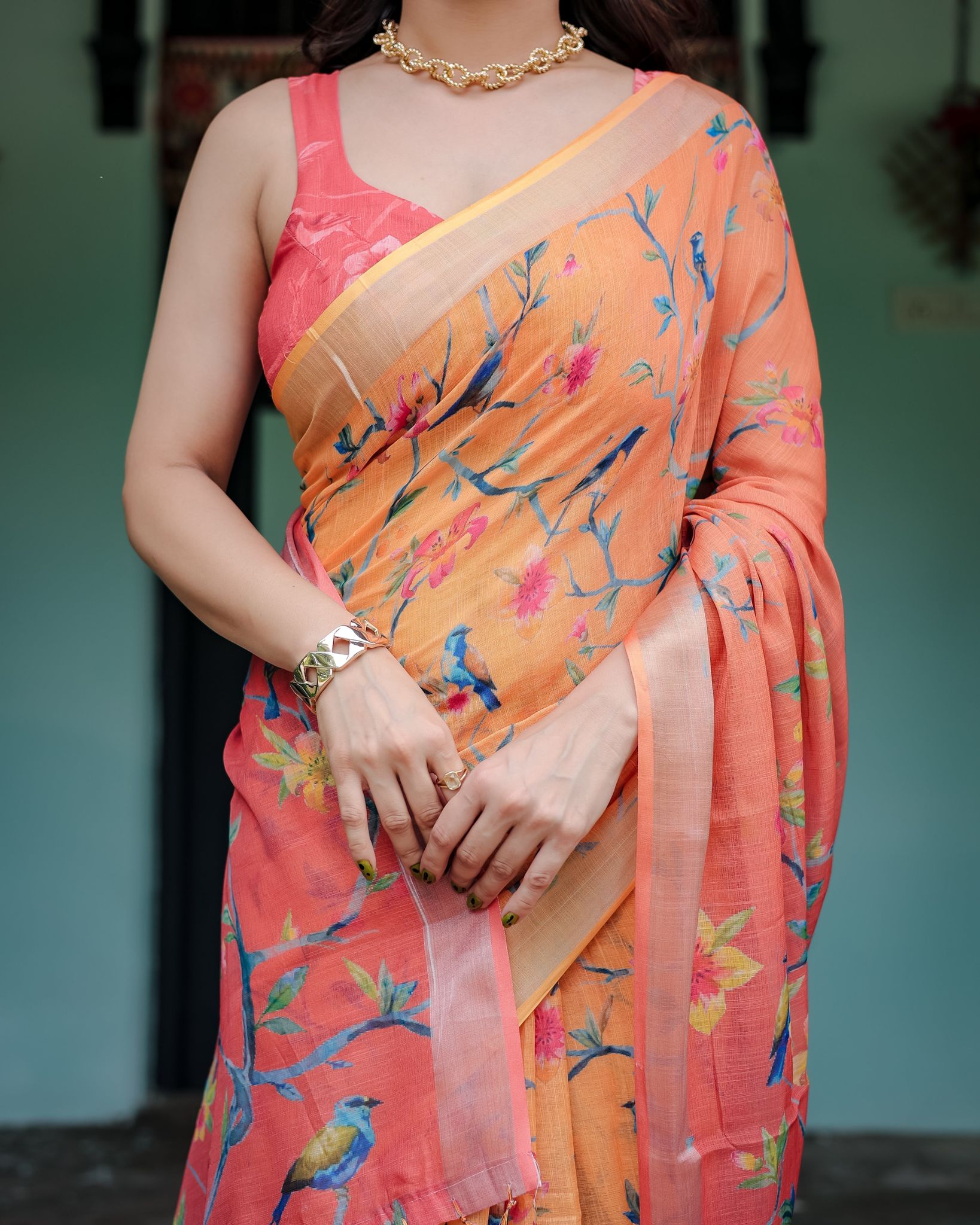 Peach and Orange Pure Cotton Linen Saree with Floral and Bird Print, Blouse, and Tassel Detailing-Regular