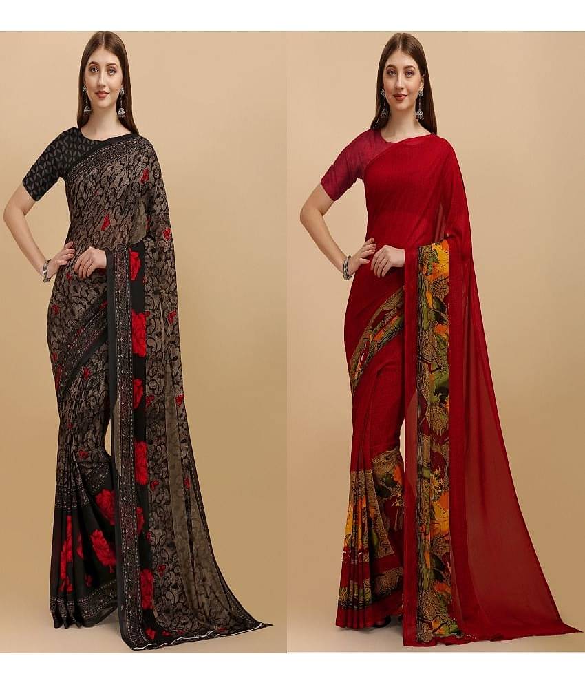 LEELAVATI Georgette Printed Saree With Unstitched Blouse Piece ( Multicolor )