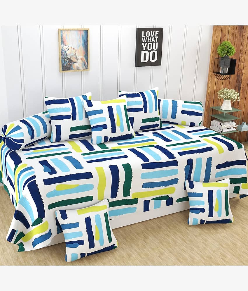 Homefab India Microfibre Geometric Diwan Set 8 Pcs - Blue