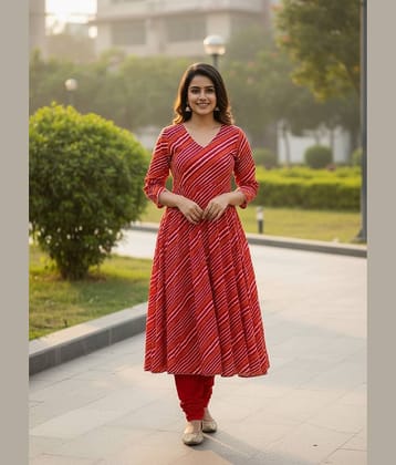 ETZIN Women Rayon Printed Anarkali Kurti With Pants ( Red )