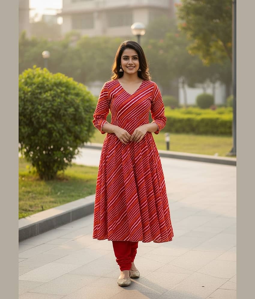 ETZIN Women Rayon Printed Anarkali Kurti With Pants ( Red )