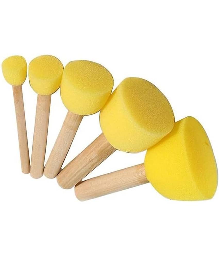 ECLET 5 Pcs Round Stencil Yellow Sponge Dabber, Wooden Handle Foam Brush for Art & Crafts, Stippler Set DIY Painting Tools