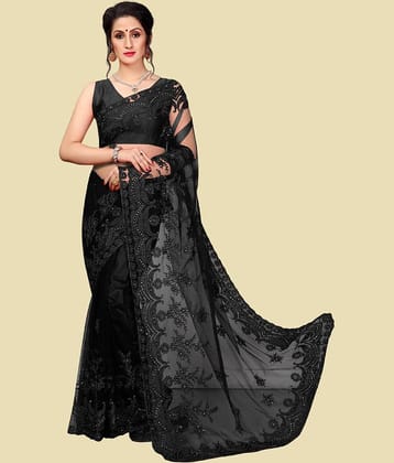 Aika Net Embroidered Saree With Blouse Piece - Black ( Pack of 1 )