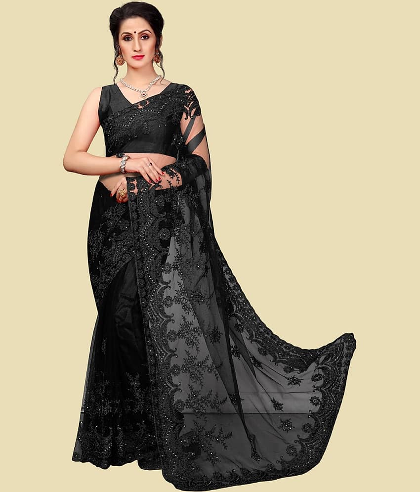 Aika Net Embroidered Saree With Blouse Piece - Black ( Pack of 1 )