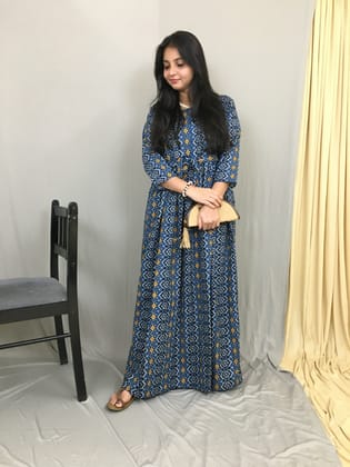 Patola Blue Yellow - Maternity Kurti with Feeding Zips - Cotton Flex - Thicker Fabric-40 - 42 ( L - XL )