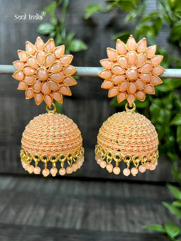 Designer Neo Ethnic Jhumka Earrings- Golden & Peach