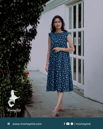 Animal Print Irish Blue Midi Length Dress with attached Overcoat - Short Sleeve