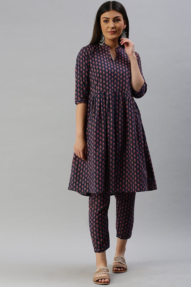 Ahika Women Cotton Navy Blue Floral Printed A Line Kurta Palazzo Set VKSET1136