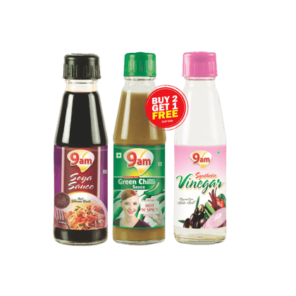 9am Soya Sauce, Green Chilli Sauce & Vinegar - Combo Pack, 600 gm