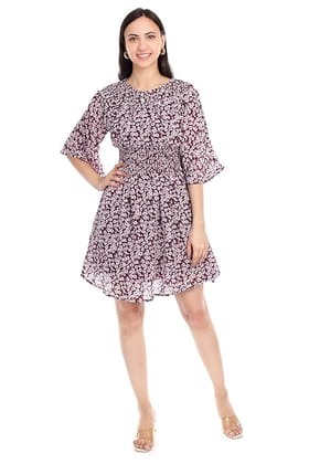 MR ANDERSONS Burgundy Floral Print Smocked Waist Chiffon Dress for Women