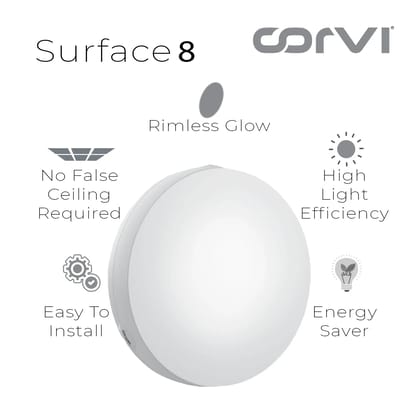 CORVI LED Surface 8 Round 20W | Slim, Compact & Dimmable Ceiling Panel Light | Full Glow Design, No False Ceiling Needed | Easy White 4000K (Pack of 2)