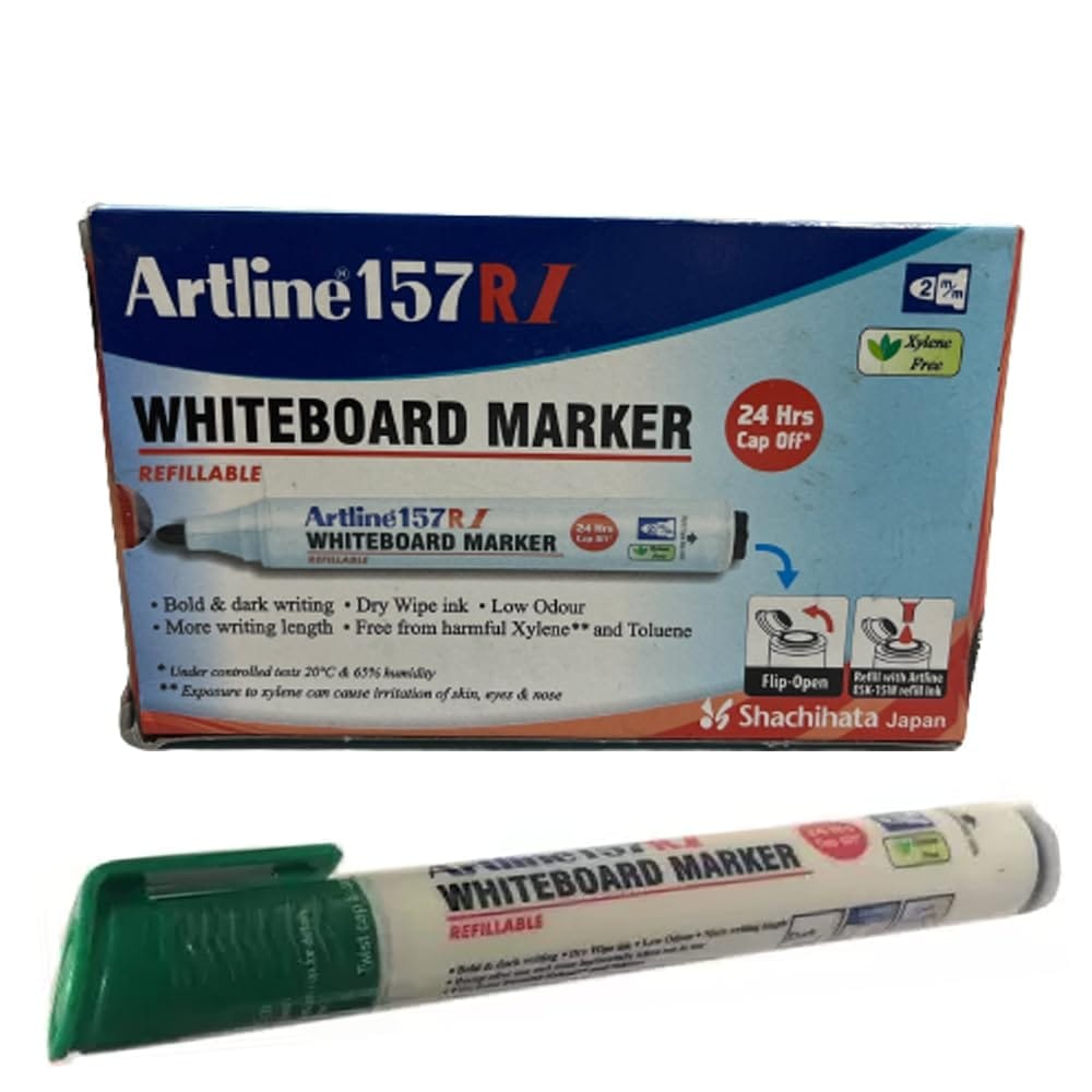 Artline 157RI Whiteboard Marker Pack of 10 (Green Colours) | For Presentations, Classrooms, & Meetings