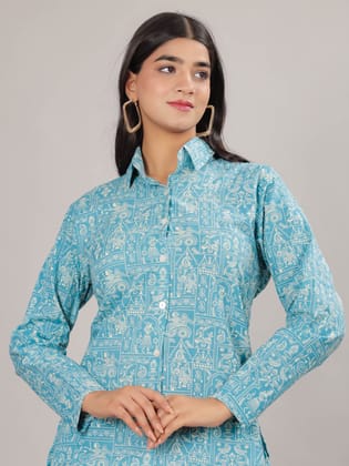 Art Print on Sky Cotton Shirt Set for Women-S