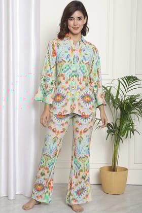 Beige Abstract Printed Viscos Rayon Night Suit-S